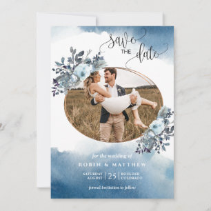 Save The Date Photo, Aquarelle Bleue et Foliage Bleu