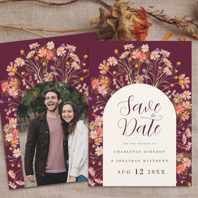 Save The Date Photo Arch Boho Fall Rustic Fleur sauvage Mariage (Photo arch boho fall rustic wildflower floral arch burgundy ivory cream wedding save the date invite)