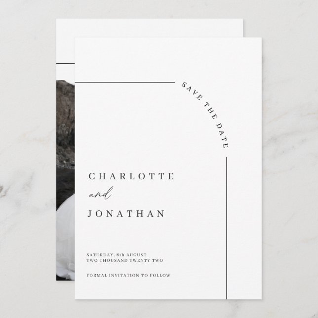 Save The Date Photo Arch moderne Mariage noir et blanc (Devant / Derrière)