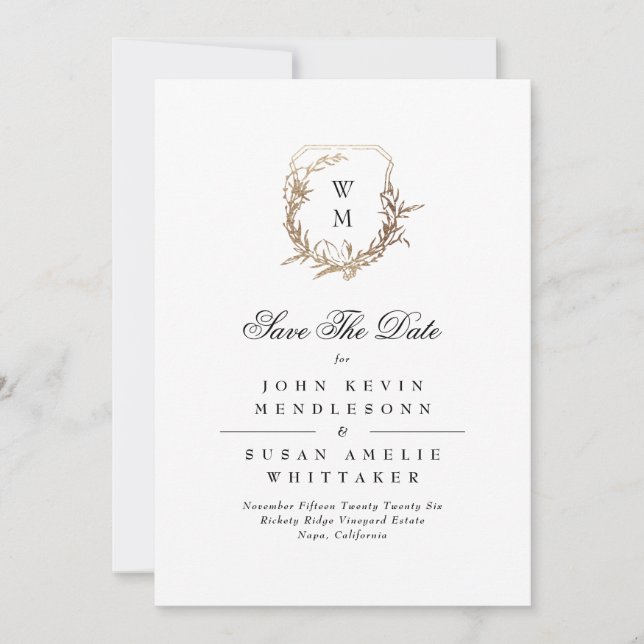 Save The Date Photo Black Forme Blanc Monogramme Gold Crest (Devant)