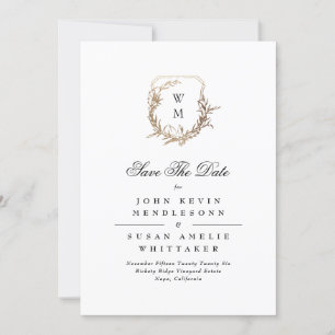 Save The Date Photo Black Forme Blanc Monogramme Gold Crest