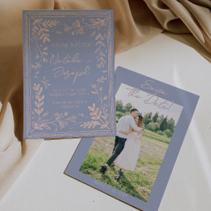 Save The Date Photo Bleu Crème Dessiné Floral Jardin Enregistrer