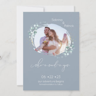 Save The Date Photo Bleu Poussiéreux Elle a Dit Oui 