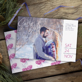 Save the date photo blue purple pine cone art