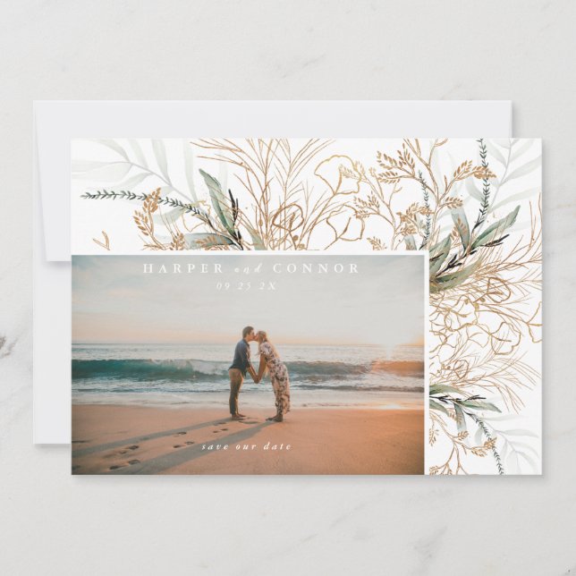 Save The Date Photo Boho Elegant Blanc Moderne Sage Eucalyptus P (Devant)