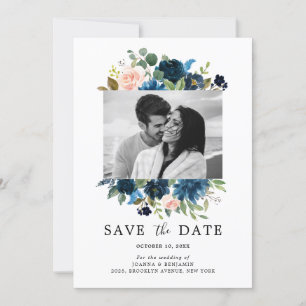 Save The Date Photo botanique de rose rose blush bleu marine