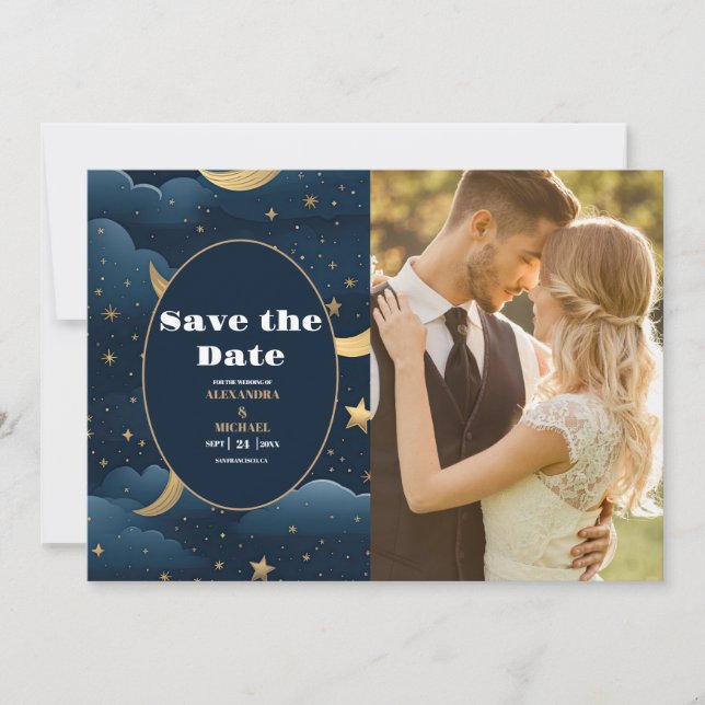 Save The Date Photo Celestial Midnight Blue Stars Moon Mariage (Devant)