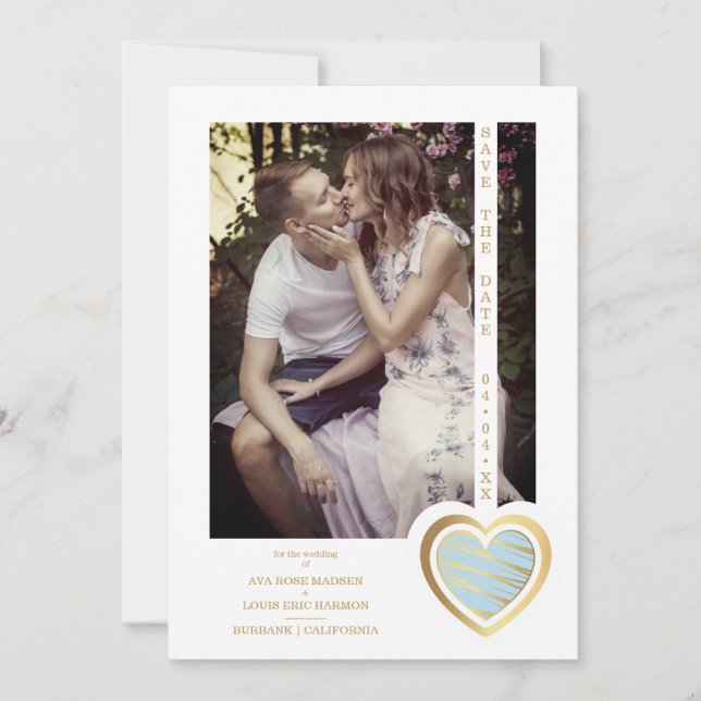 Save The Date Photo Chic Elegant Light Blue & Gold Effect Heart (Devant)