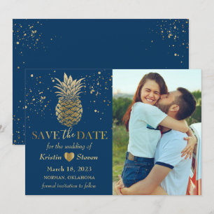 Save The Date Photo classique d'ananas bleu or