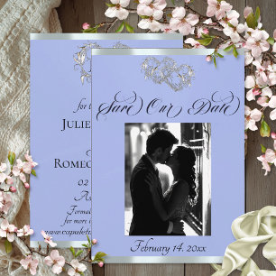 Save The Date Photo, Cœurs et Ruban - Bleu/Argent