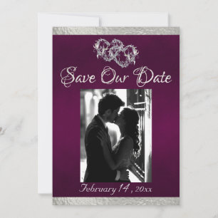 Save The Date Photo, Coeurs et Ruban - Violet/Argent