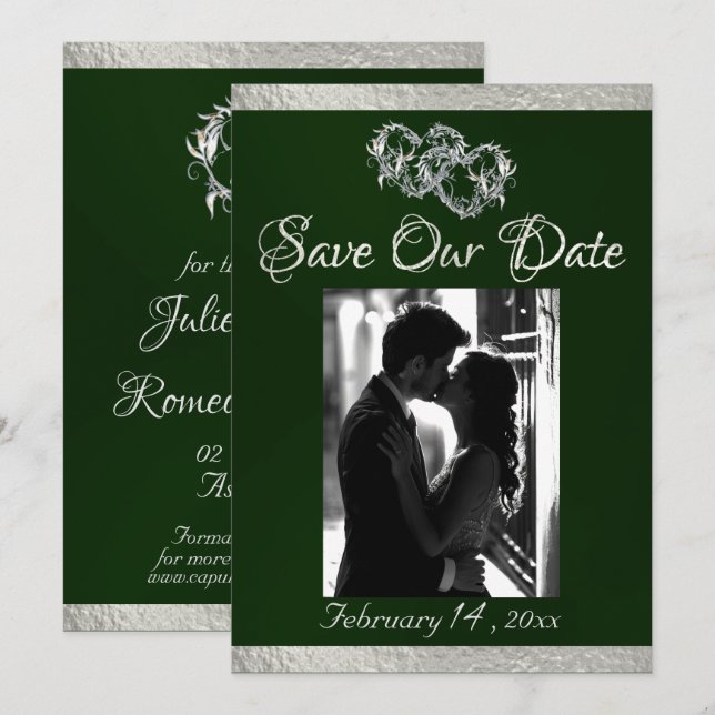 Save The Date Photo, Coeurs & Ruban - Emerald/Silver (Devant / Derrière)