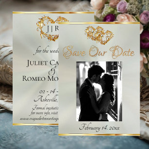 Save The Date Photo, Cœurs & Ruban - Pastel Sauge/Or
