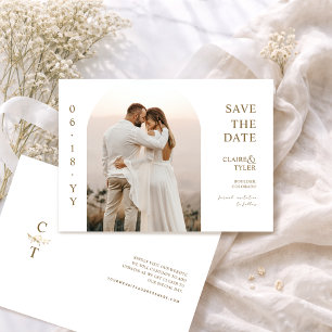Save The Date Photo d'Arche Élégante Monogramme Mariage Blanc et
