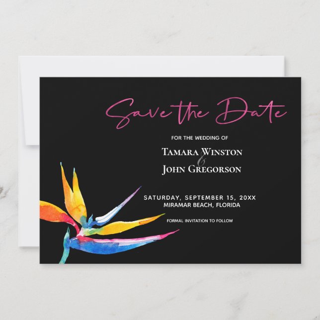 Save The Date Photo Dark Tropical Bird of Paradise Beach Wedding (Devant)