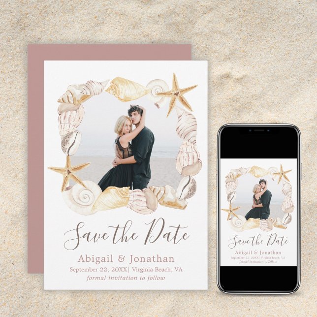 Save The Date Photo de coquillages de plage rose pâle Élégant Ma (Créateur téléchargé)
