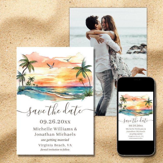 Save The Date Photo de coucher de soleil tropical à l'aquarelle  (Printed and Digital - Watercolor Tropical Beach Sunset Photo Wedding Save The Date)