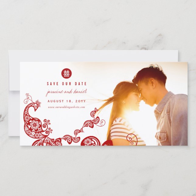Save The Date Photo de double bonheur chinois paon bohème rouge (Devant)