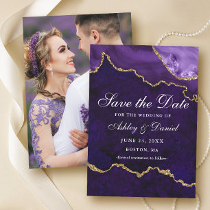 Save The Date Photo de géode d'agate marbre or violet aquarelle