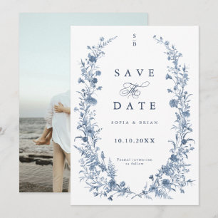 Save The Date Photo de jardin français bleu victorien classique