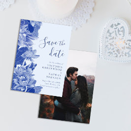 Save The Date Photo de la Chinoiserie Florale Bleu clair Enregis
