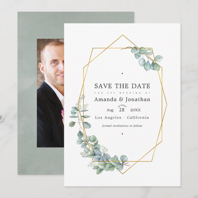 Save The Date Photo de mariage à la forêt d'eucalyptus aquarelle (Devant / Derrière)