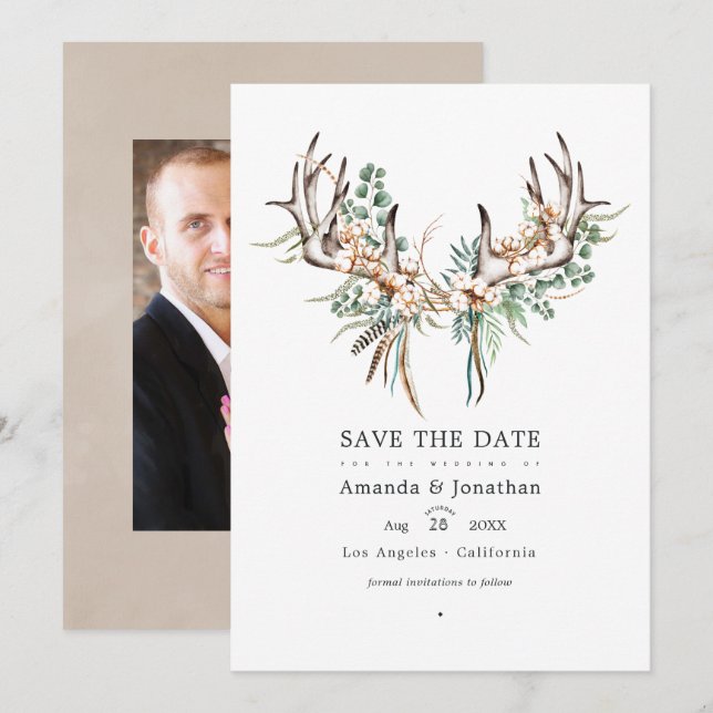 Save The Date Photo de mariage bohème en coton et eucalyptus (Devant / Derrière)