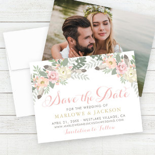 Save The Date Photo de mariage bohème floral rose et or
