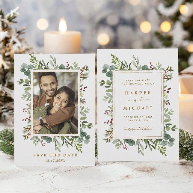 Save The Date Photo de mariage botanique vert doré hiver (Front & Back)