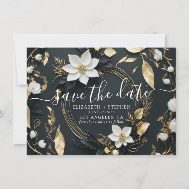 Save The Date Photo de mariage chic couronne florale noir blanc  (Devant)