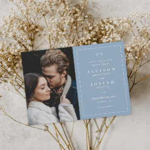 Save The Date Photo de mariage classique Monogramme Bleu Poussié