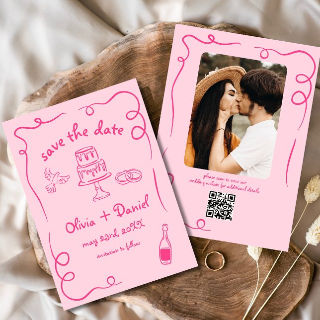 Save The Date Photo de mariage dessinée à la main rose vif et fa (Créateur téléchargé)
