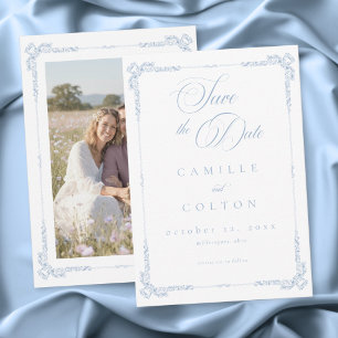 Save The Date Photo de mariage élégant vintage baroque bleu pous
