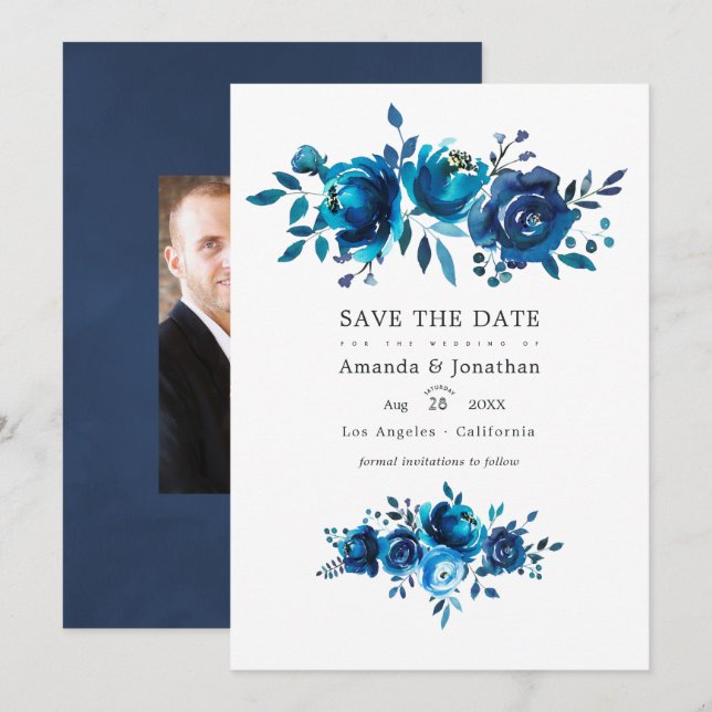 Save The Date Photo de Mariage floral marine et blanc (Devant / Derrière)
