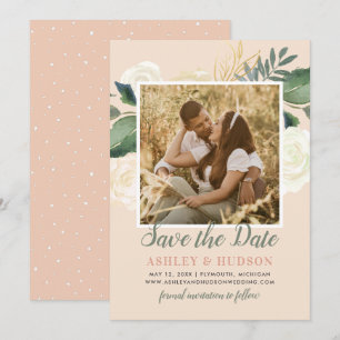Save The Date Photo de mariage floral vert et or rose