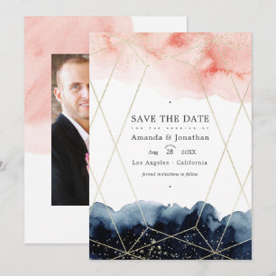 Save The Date Photo de mariage géométrique à l'aquarelle bleu ma