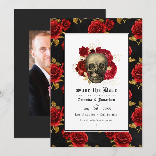 Save The Date Photo de mariage gothique à crâne floral (Devant / Derrière)