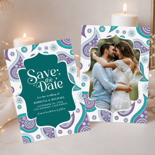 Save The Date Photo de mariage indien de style paisley sarcelle 