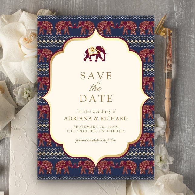 Save The Date Photo de Mariage indien Navy Burgundy Gold Elephan (Créateur téléchargé)
