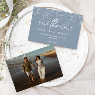 Save The Date Photo de mariage minimaliste feuille bleu poussiér