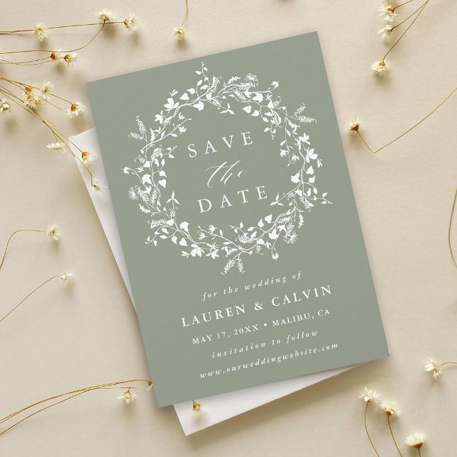 Save The Date Photo de mariage moderne boho vert sauge avec fleu (Créateur téléchargé)
