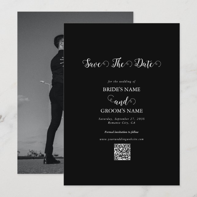 Save The Date Photo de mariage moderne couple noir et blanc écri (Devant / Derrière)