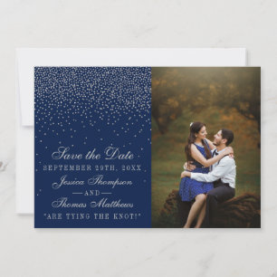 Save The Date Photo de mariage Navy Blue & Glam Silver Confetti