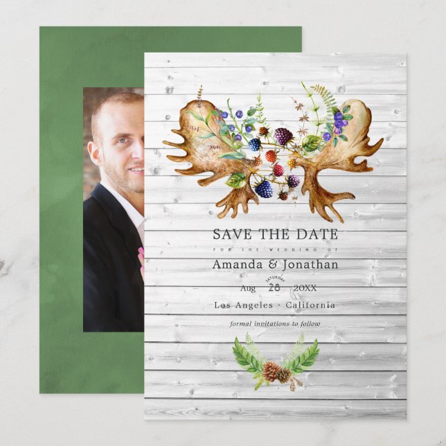 Save The Date Photo de mariage rustique en forêt à l'aquarelle (Devant / Derrière)