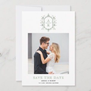 Save The Date Photo de monogramme à armoiries florales vert saug