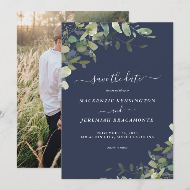 Save The Date Photo du Mariage de l'Eucalyptus bleu de la Marine (Devant / Derrière)