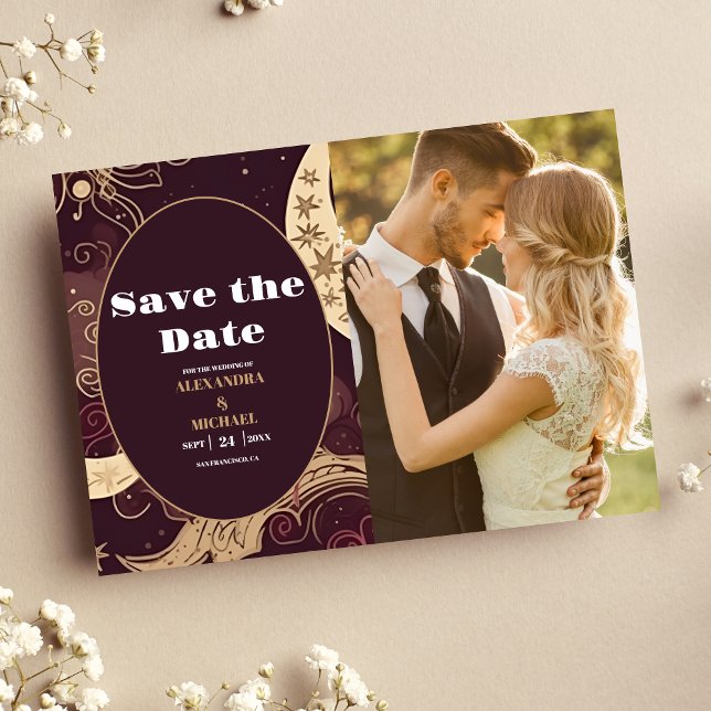 Save The Date Photo Elégant Mariage céleste d'or de Bourgogne (Créateur téléchargé)