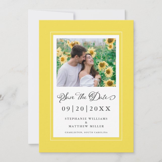 Save The Date Photo Elegant Script Mariage Tendance Bordure Jaun (Devant)