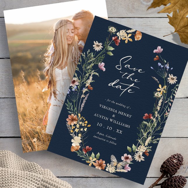 Save The Date Photo Élégante De La Marine Boho Enregistrer La Da (Navy Elegant Photo Wildflower Boho Save The Date with Butterfly by Painted Paperie
)