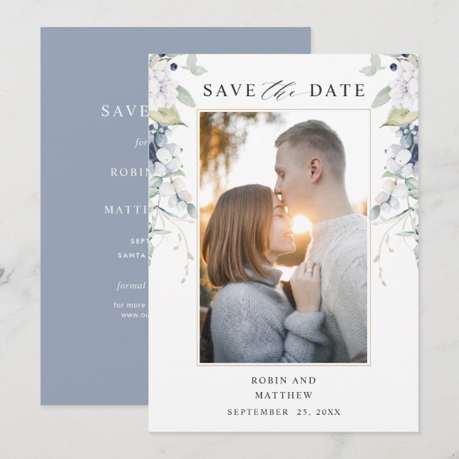 Save The Date Photo élégante, Mariage floral bleu et blanc (Devant / Derrière)